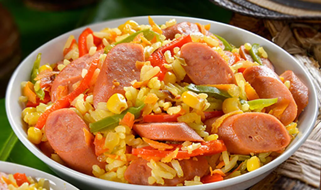 Arroz con verduras - Receta arroz con verduras y salchicha - arroz con vegetales - Salchicha Cunit