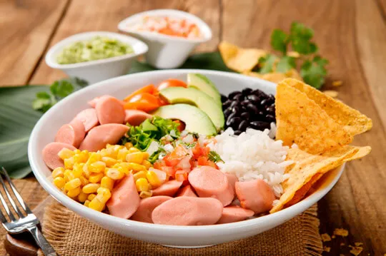 Bowl de arroz - Salchicha Cunit - almuerzo expres - comida balanceada - el almuerzo - arroz de salchicha